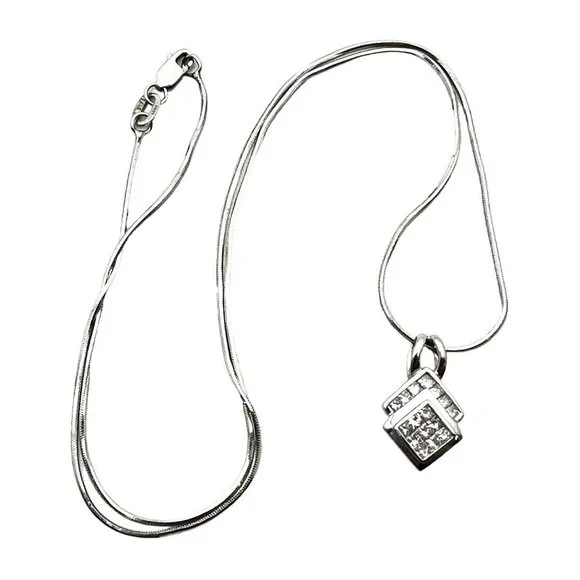 14K White Gold Womens Necklace Princess Cut Diamond Pendant - Picture 6 of 6